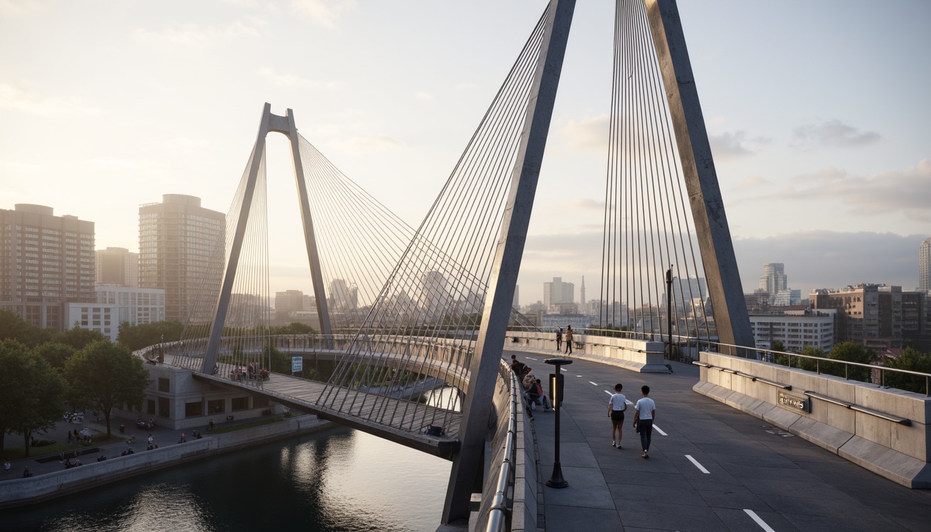 Prompt: Futuristic bridge design, sleek metal structures, high-strength steel cables, durable concrete piers, advanced composite materials, gleaming glass railings, LED lighting systems, dynamic suspension technology, aerodynamic shapes, wind-resistant architecture, urban cityscape, misty morning atmosphere, soft warm lighting, shallow depth of field, 3/4 composition, panoramic view, realistic textures, ambient occlusion.