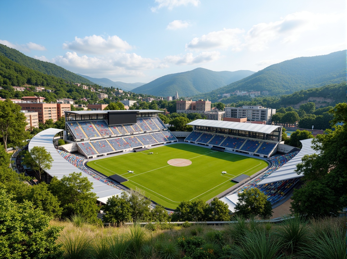 Prompt: Panoramic stadium views, lush greenery, rolling hills, natural stone seating areas, curved architecture, modern sports facilities, sleek metal structures, transparent roofs, cantilevered upper decks, vibrant colorful seats, dynamic lighting systems, shallow depth of field, 3/4 composition, realistic textures, ambient occlusion, integrated landscape design, eco-friendly materials, sustainable water management systems, rainwater harvesting, green roofs, urban planning, public art installations, pedestrian walkways, cycling paths, scenic overlooks, sunny day, soft warm lighting.