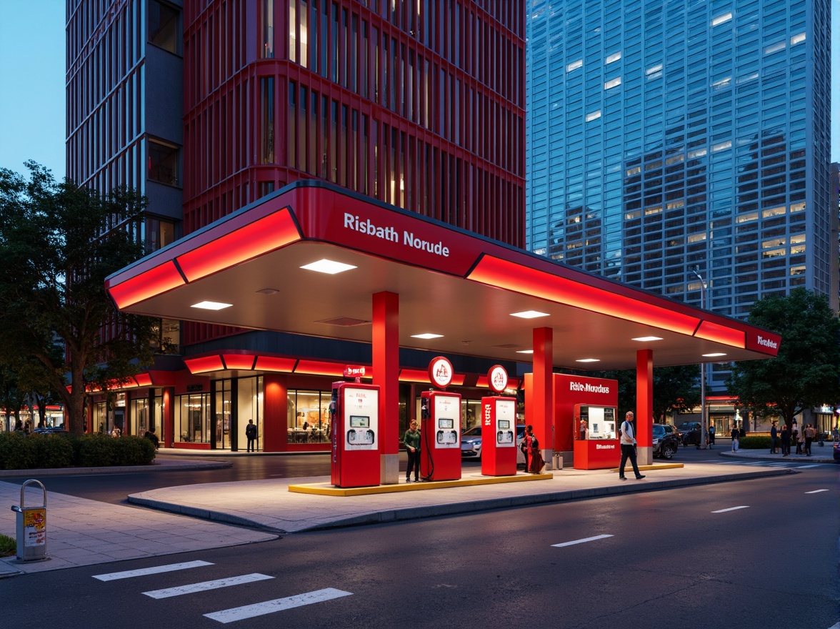 Prompt: Retro-futuristic gas station, bold primary colors, bright red pumps, sleek chrome accents, geometric shapes, angular lines, minimalist signage, neon lights, urban cityscape, busy streets, concrete roads, modernist architecture, brutalist design, industrial materials, metallic textures, high-contrast lighting, dramatic shadows, 1/1 composition, symmetrical framing, vibrant color grading, stylized reflections.