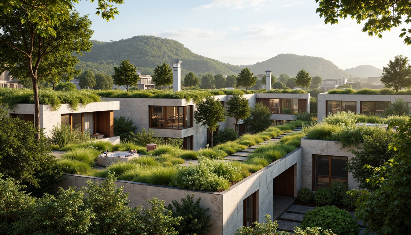 Prompt: Green roofs, lush vegetation, natural materials, earthy tones, organic shapes, curved lines, open spaces, airy atmosphere, gentle breeze, soft sunlight, clerestory windows, skylights, solar tubes, wind catchers, ventilation towers, breathable walls, porous fa\u00e7ades, rustic textures, earthy scents, serene ambiance, shallow depth of field, 1/1 composition, realistic lighting, ambient occlusion.