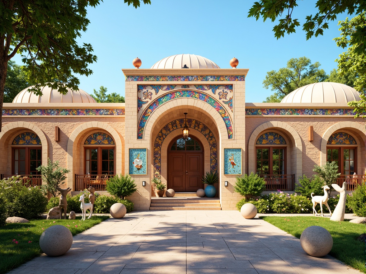 Prompt: Vibrant kindergarten facade, Byzantine-style architecture, ornate stone carvings, colorful mosaic patterns, rounded arches, domed roofs, intricate brickwork, warm beige stonework, playful murals, whimsical sculptures, lush greenery, blooming flowers, sunny day, soft warm lighting, shallow depth of field, 3/4 composition, panoramic view, realistic textures, ambient occlusion.