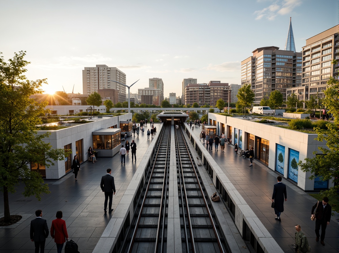 Prompt: Modern metro station, eco-friendly design, green roofs, solar panels, wind turbines, energy-efficient lighting, recycled materials, natural ventilation systems, spacious platforms, minimalist architecture, sleek metal structures, glass facades, vibrant urban art, bustling city atmosphere, morning rush hour, soft warm lighting, shallow depth of field, 3/4 composition, panoramic view, realistic textures, ambient occlusion.