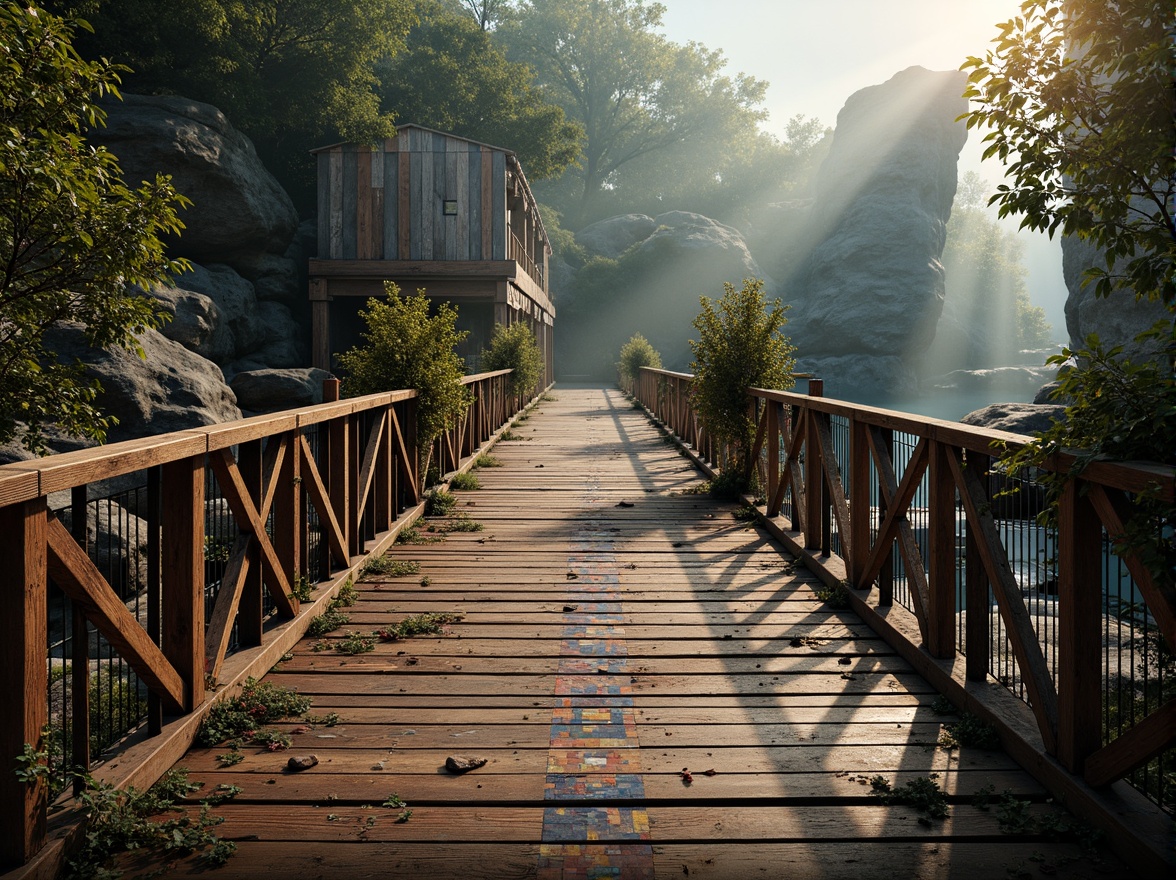 Prompt: Rustic steel bridges, eclectic mix of materials, distressed wood planks, ornate metal railings, vibrant colorful tiles, intricate stonework, rough-hewn boulders, industrial pipes, reclaimed wooden accents, ornamental ironwork, dynamic lighting effects, misty atmospheric conditions, soft warm glow, shallow depth of field, 1/1 composition, realistic textures, ambient occlusion.