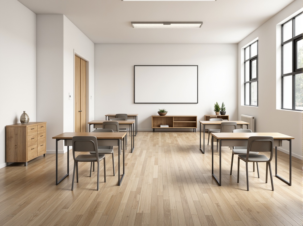 Prompt: Simple classroom layout, minimal ornamentation, natural wood flooring, plain white walls, large windows, abundant daylight, modern minimalist furniture, sleek metal chairs, wooden desks, simple shelving units, subtle color scheme, calm atmosphere, soft diffused lighting, shallow depth of field, 1/1 composition, realistic textures, ambient occlusion.