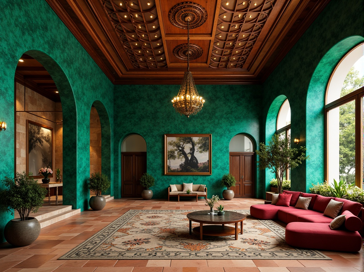 Prompt: Rich malachite green walls, ornate copper accents, earthy terracotta floors, natural stone textures, intricate geometric patterns, Moroccan-inspired arches, vibrant turquoise highlights, luxurious velvet fabrics, warm golden lighting, shallow depth of field, 1/1 composition, realistic reflections, ambient occlusion, modern eclectic architecture, boutique hotel lobby, upscale residential interior, exotic Middle Eastern influences.