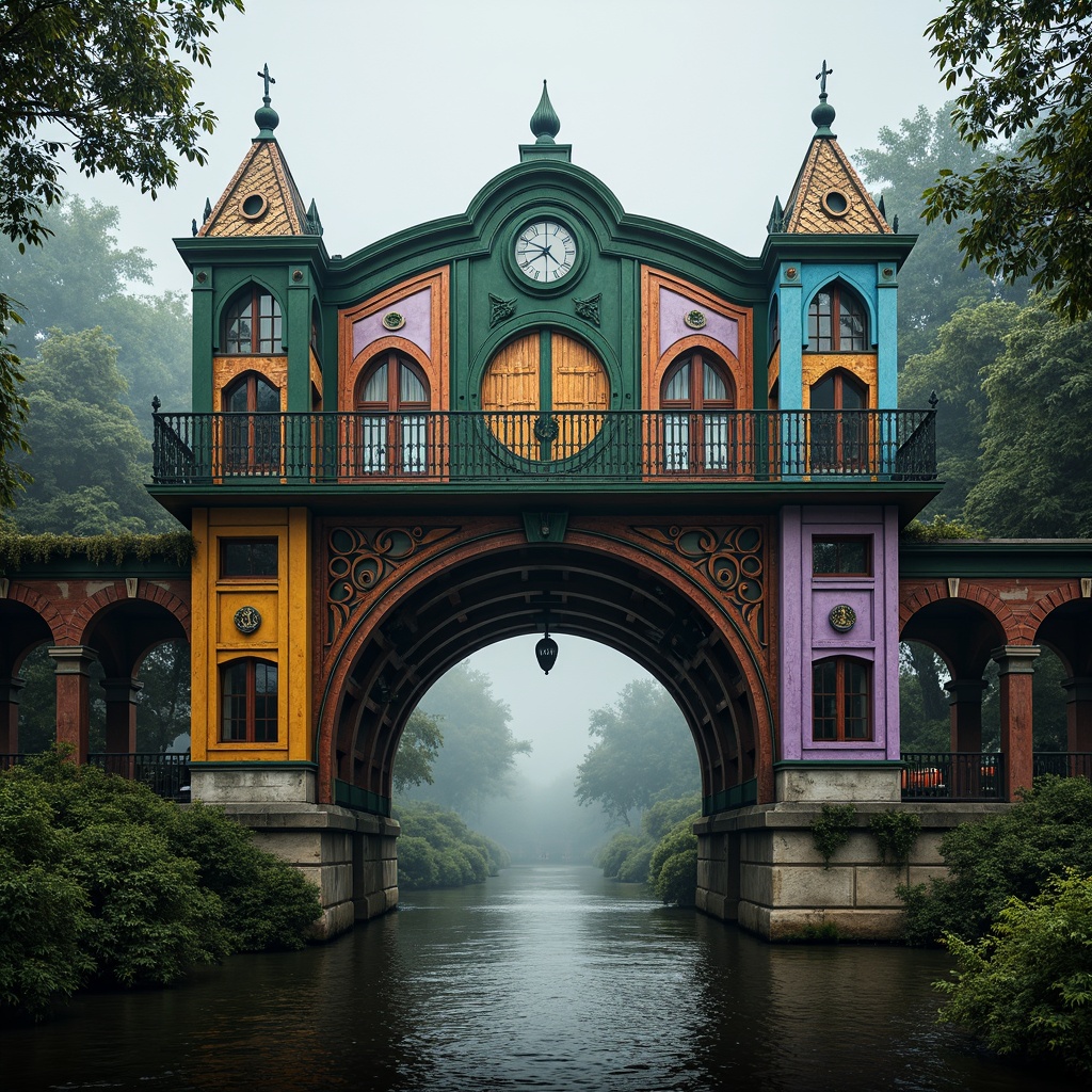 Prompt: Vibrant eclectic bridge, bold steel arches, rustic wooden accents, distressed metal textures, ornate Victorian details, whimsical Art Nouveau patterns, rich jewel-toned colors, emerald green, sapphire blue, amethyst purple, warm golden lighting, dramatic shadows, misty atmospheric effects, soft focus, 1/2 composition, cinematic framing, intricate stonework, ornamental railings, lush ivy-covered abutments, serene riverbank setting, overcast sky, subtle foggy atmosphere.