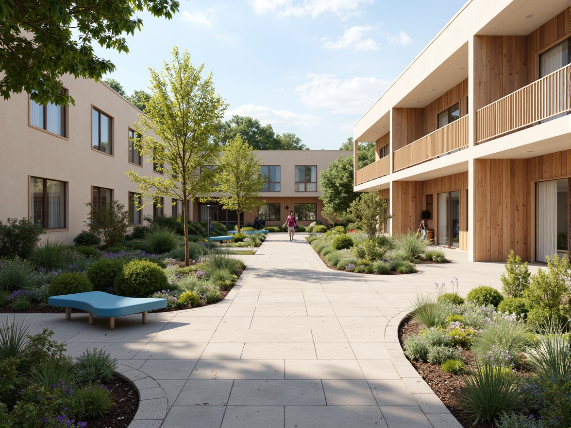 Prompt: Calming middle school courtyard, soft beige walls, crisp white accents, warm wooden tones, subtle gray concrete, vibrant greenery, playful blue benches, educational signage, natural stone pathways, modern minimalist architecture, large windows, sliding glass doors, blooming trees, sunny day, soft warm lighting, shallow depth of field, 3/4 composition, panoramic view, realistic textures, ambient occlusion.