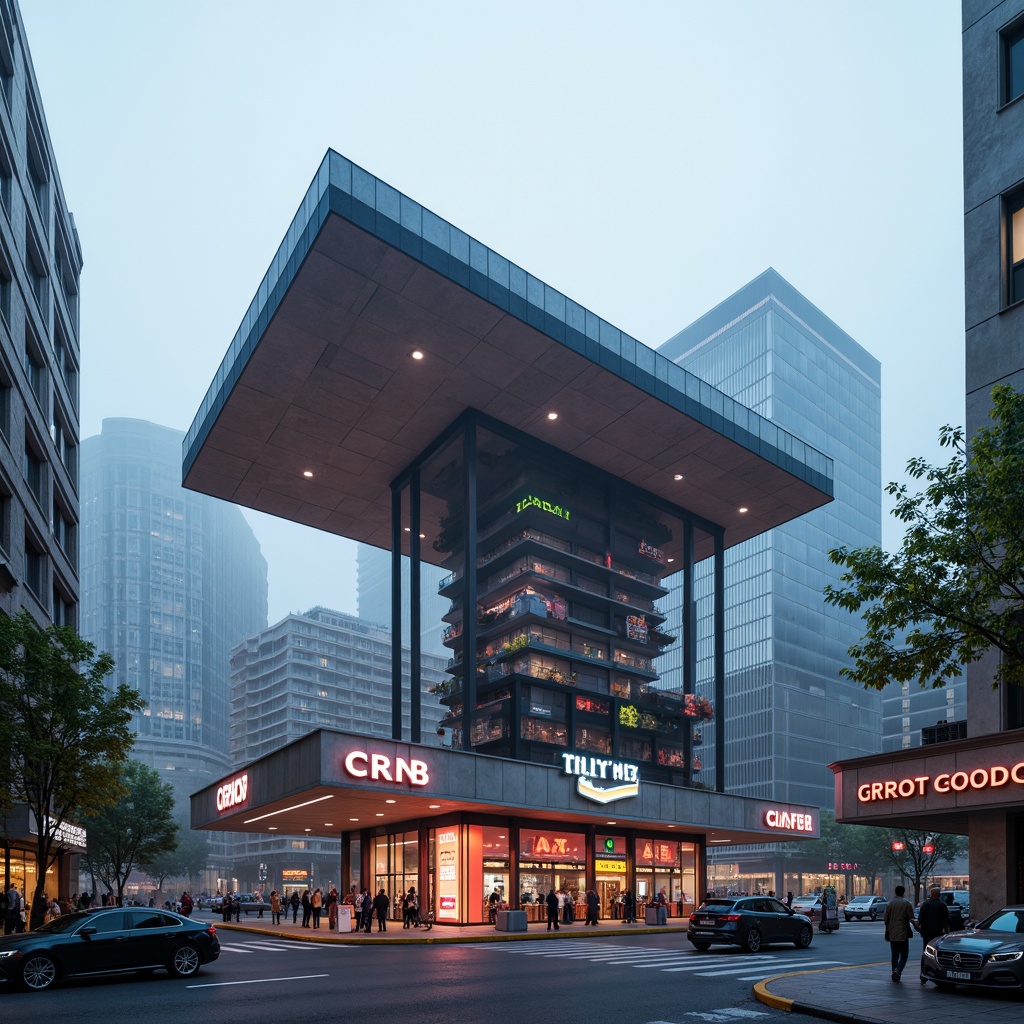 Prompt: Retro-futuristic gas station, structuralist architecture, bold geometric shapes, cantilevered canopies, angular lines, industrial materials, steel beams, concrete walls, neon signage, vibrant color schemes, futuristic lighting, urban cityscape, busy streets, morning fog, shallow depth of field, 1/1 composition, symmetrical framing, high-contrast textures, ambient occlusion.