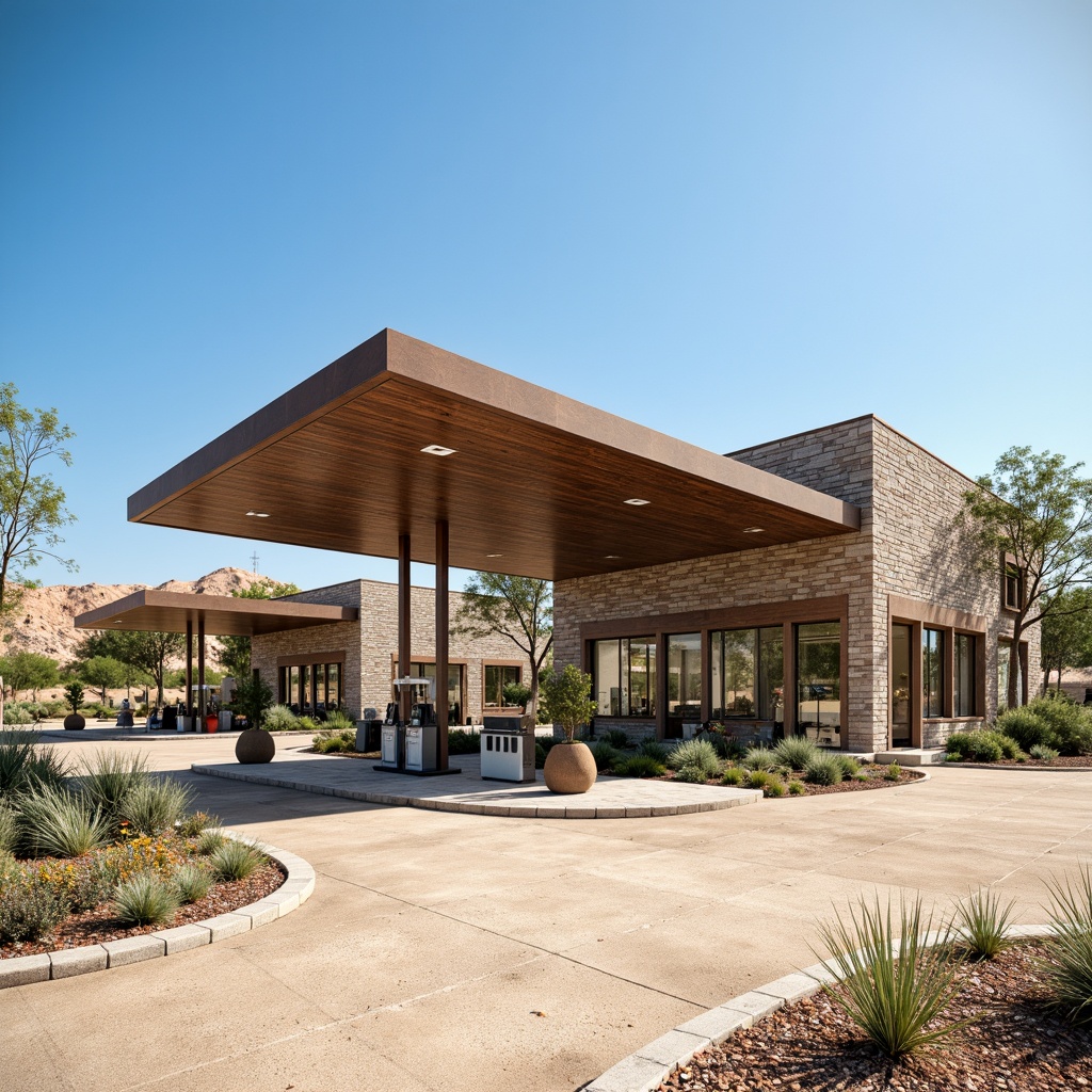 Prompt: Rustic gas station, natural stone walls, green roofs, solar panels, wind turbines, eco-friendly materials, modern minimalist architecture, angular lines, sleek metal canopies, shaded outdoor spaces, misting systems, desert landscape, sandy dunes, cactus plants, hot sunny day, clear blue sky, vast open space, integrated landscaping, native plant species, drought-resistant vegetation, efficient irrigation systems, scenic views, panoramic vistas, shallow depth of field, 3/4 composition, realistic textures, ambient occlusion.