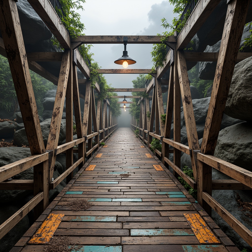 Prompt: Rustic steel bridges, eclectic mix of materials, distressed wood planks, ornate metal railings, vibrant colorful tiles, intricate stonework, rough-hewn boulders, industrial pipes, reclaimed wooden accents, ornamental ironwork, dynamic lighting effects, misty atmospheric conditions, soft warm glow, shallow depth of field, 1/1 composition, realistic textures, ambient occlusion.