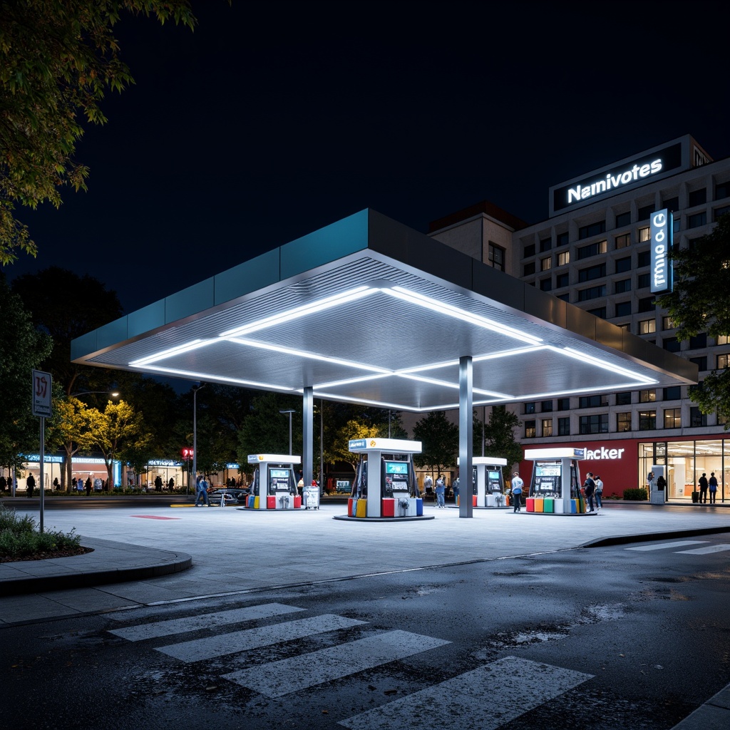 Prompt: Modern gas station, sleek metal canopy, LED lighting, stainless steel fuel pumps, concrete pavement, asphalt roads, urban landscape, busy streets, neon signage, bold color schemes, industrial materials, corrugated metal walls, glass fa\u00e7ade, minimalist design, functional layout, efficient traffic flow, safety features, emergency response systems, floodlighting, shallow depth of field, 1/1 composition, realistic textures, ambient occlusion.