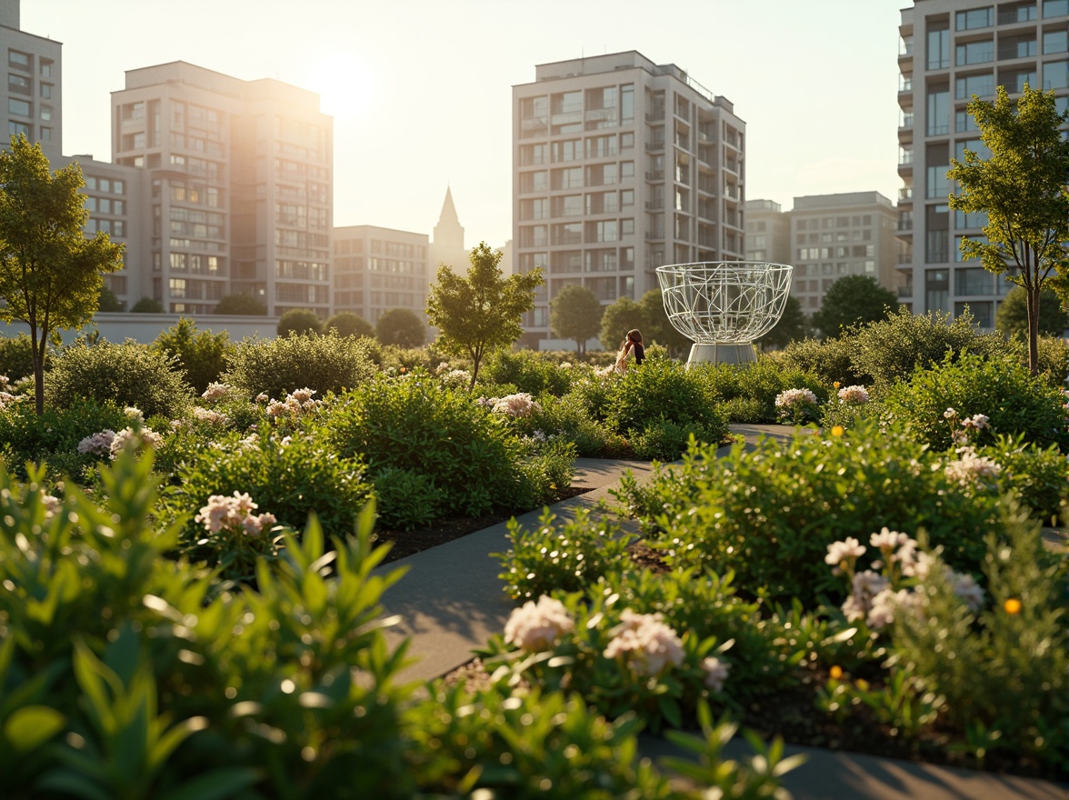 Prompt: Lush green roofs, urban oases, thriving vegetation, native plant species, blooming flowers, buzzing bees, butterflies, birds' habitats, eco-friendly architecture, sustainable building design, modern cityscapes, vibrant urban landscapes, natural insulation, reduced energy consumption, stormwater management systems, improved air quality, increased biodiversity, habitat restoration, serene urban ambiance, soft warm lighting, shallow depth of field, 3/4 composition, panoramic view, realistic textures, ambient occlusion.