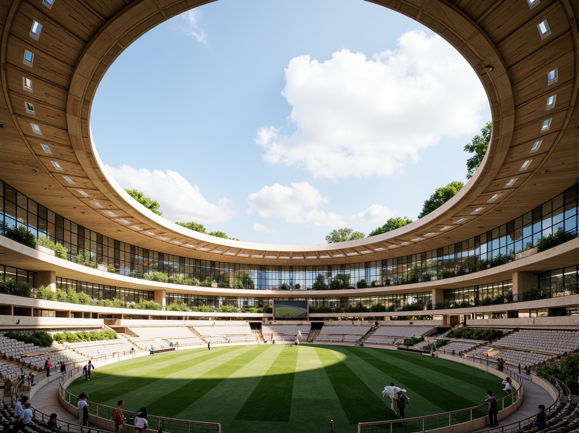 Prompt: Curved stadium architecture, organic shapes, natural stone fa\u00e7ade, lush green roofs, transparent glass walls, clerestory windows, skylights, diffused soft lighting, warm beige tones, earthy textures, wooden accents, minimalist seating, open-air concourses, panoramic views, atmospheric misting systems, vibrant sports branding, dynamic LED displays, 1/1 composition, shallow depth of field, realistic renderings.