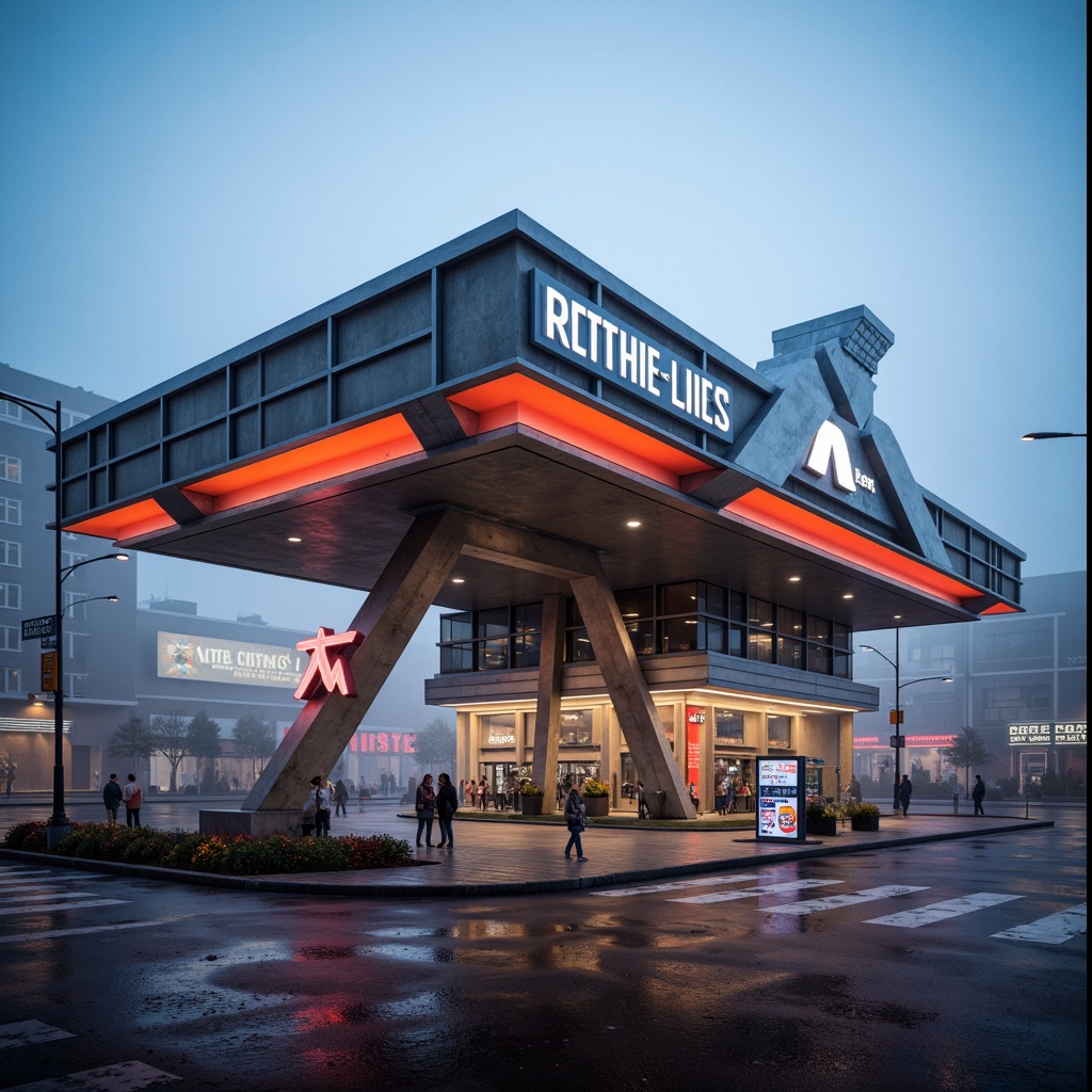 Prompt: Retro-futuristic gas station, structuralist architecture, bold geometric shapes, cantilevered canopies, angular lines, industrial materials, steel beams, concrete walls, neon signage, vibrant color schemes, futuristic lighting, urban cityscape, busy streets, morning fog, shallow depth of field, 1/1 composition, symmetrical framing, high-contrast textures, ambient occlusion.