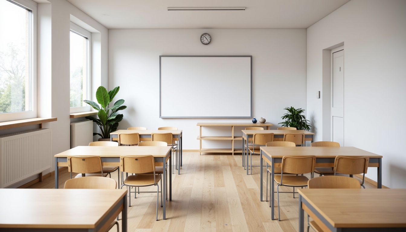 Prompt: Simple classroom layout, minimal ornamentation, natural wood flooring, plain white walls, large windows, abundant daylight, modern minimalist furniture, sleek metal chairs, wooden desks, simple shelving units, subtle color scheme, calm atmosphere, soft diffused lighting, shallow depth of field, 1/1 composition, realistic textures, ambient occlusion.