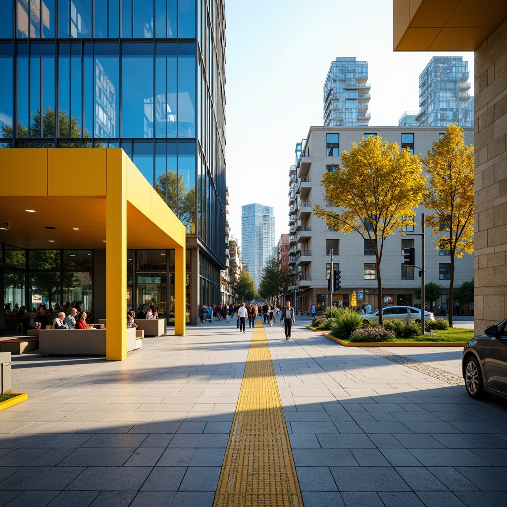 Prompt: Vibrant bus station, modern architecture, bold color scheme, bright yellow accents, deep blue tones, neutral beige walls, sleek metal frames, glass roofs, natural stone floors, urban cityscape, busy streets, morning sunlight, soft warm lighting, shallow depth of field, 3/4 composition, panoramic view, realistic textures, ambient occlusion.