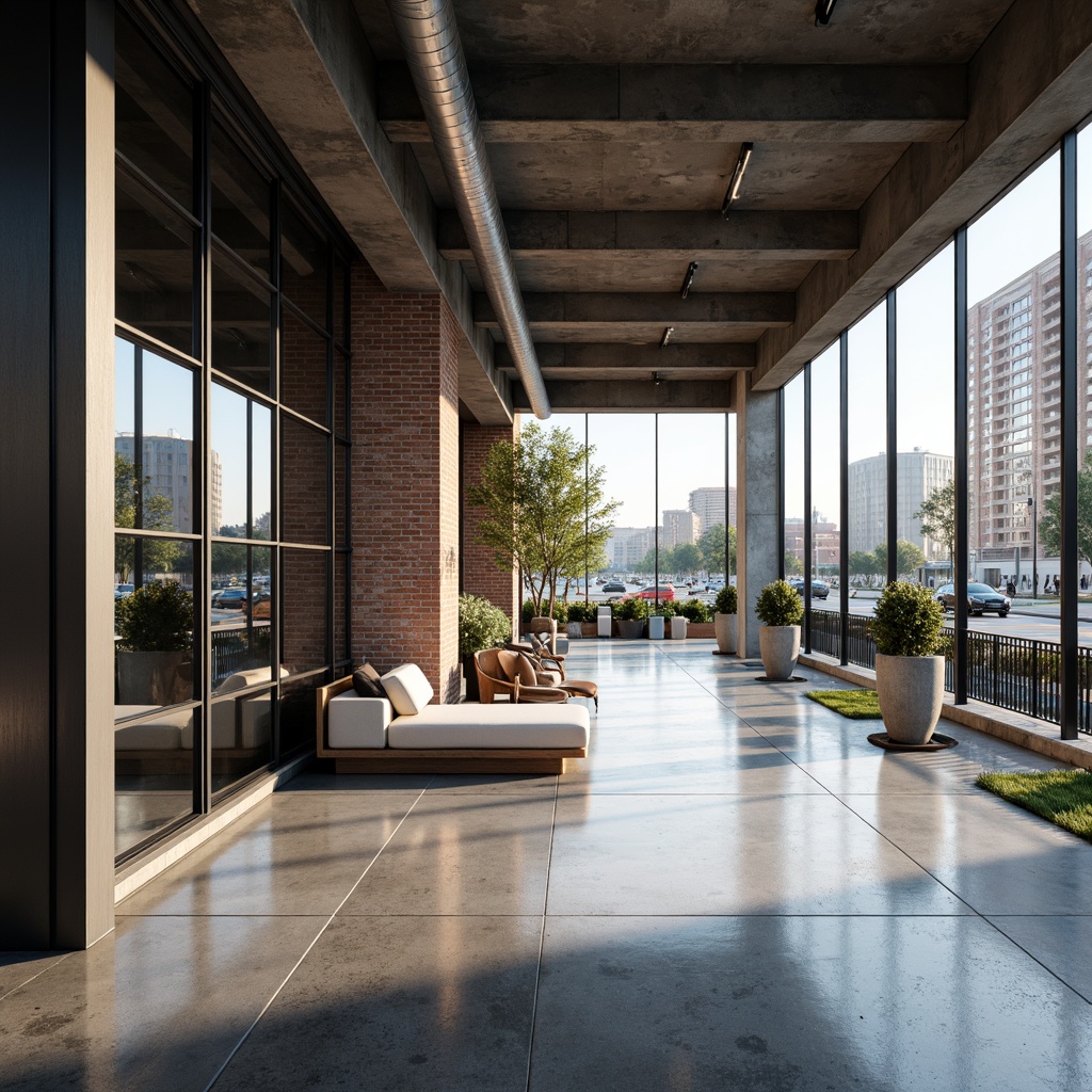 Prompt: Polished concrete floors, exposed brick walls, metallic cladding, glass facades, wooden accents, industrial pipes, minimalist decor, sleek lines, modern urban landscape, city skyscrapers, busy streets, natural light, soft shadows, 1/1 composition, realistic reflections, ambient occlusion, detailed normal maps.