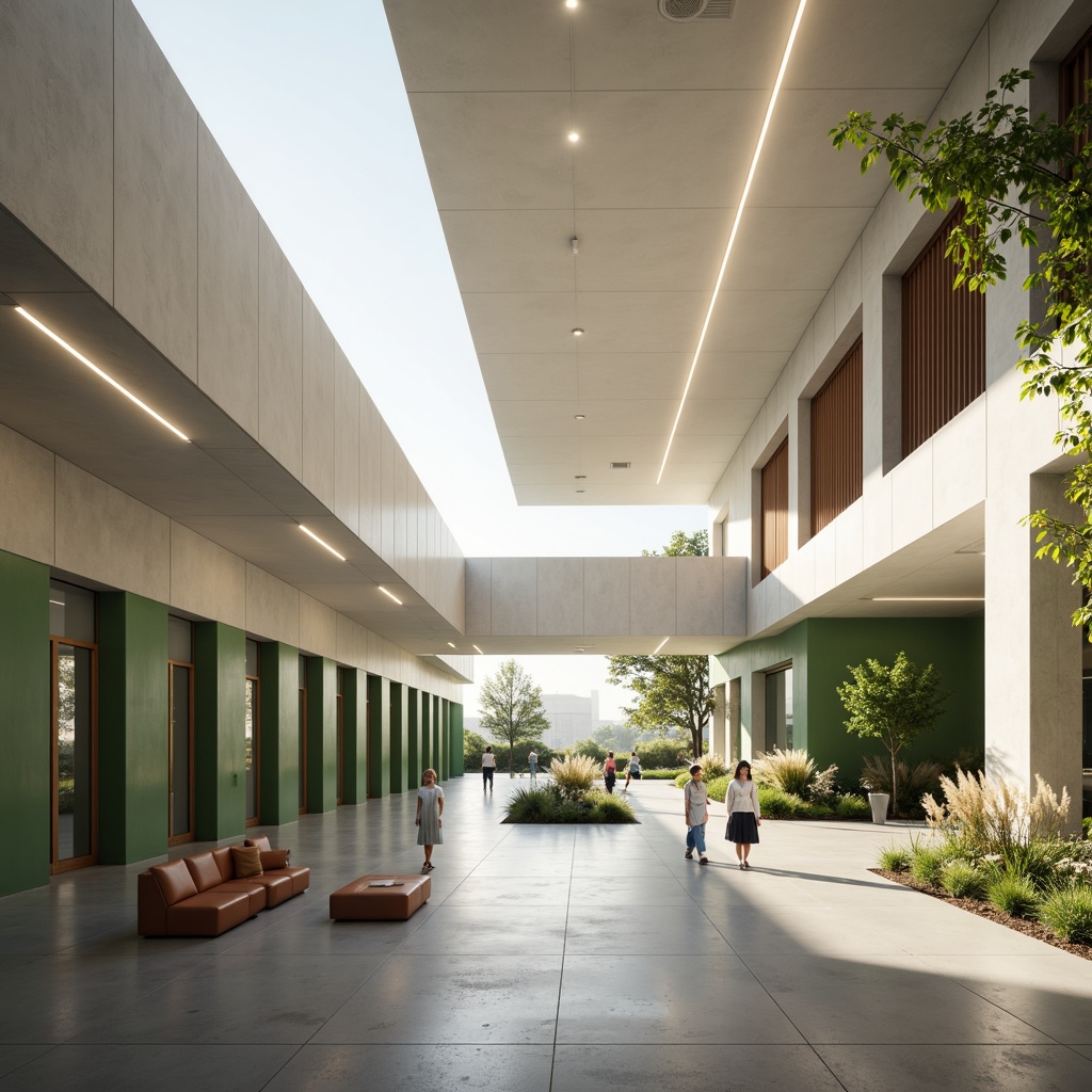 Prompt: Minimalist school building, clean lines, simple shapes, neutral color palette, natural light, clerestory windows, skylights, soft diffused lighting, LED strips, recessed lighting, subtle shadows, polished concrete floors, minimalist furniture, green walls, living plants, calm atmosphere, morning sunlight, gentle warm glow, shallow depth of field, 1/1 composition, realistic textures, ambient occlusion.