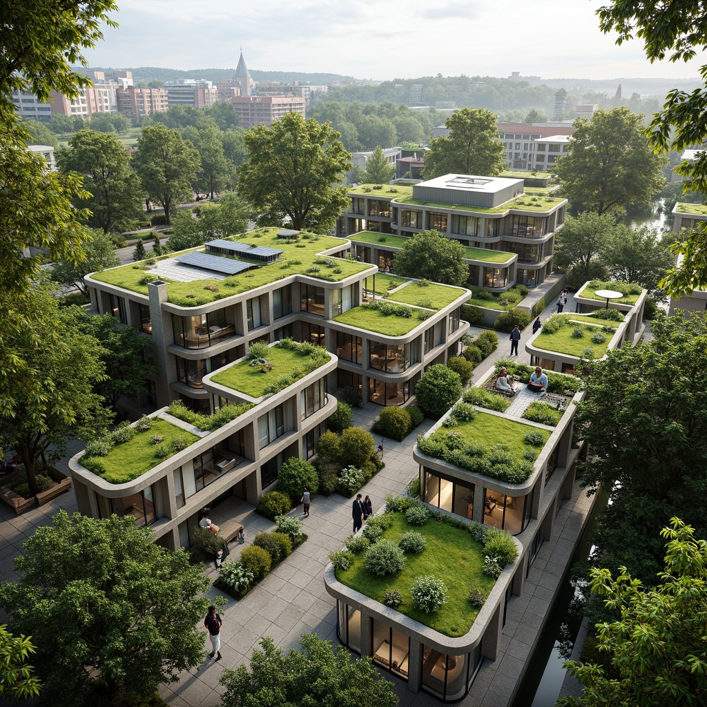 Prompt: Eco-friendly buildings, green roofs, living walls, recycled materials, low-carbon concrete, FSC-certified wood, bamboo structures, solar panels, wind turbines, rainwater harvesting systems, grey water reuse, organic gardens, natural ventilation systems, passive design strategies, energy-efficient appliances, minimal waste generation, recyclable components, biodegradable materials, non-toxic paints, sustainable urban planning, walkable neighborhoods, green infrastructure, resilient ecosystems, vibrant plant life, soft natural lighting, 1/1 composition, realistic textures, ambient occlusion.