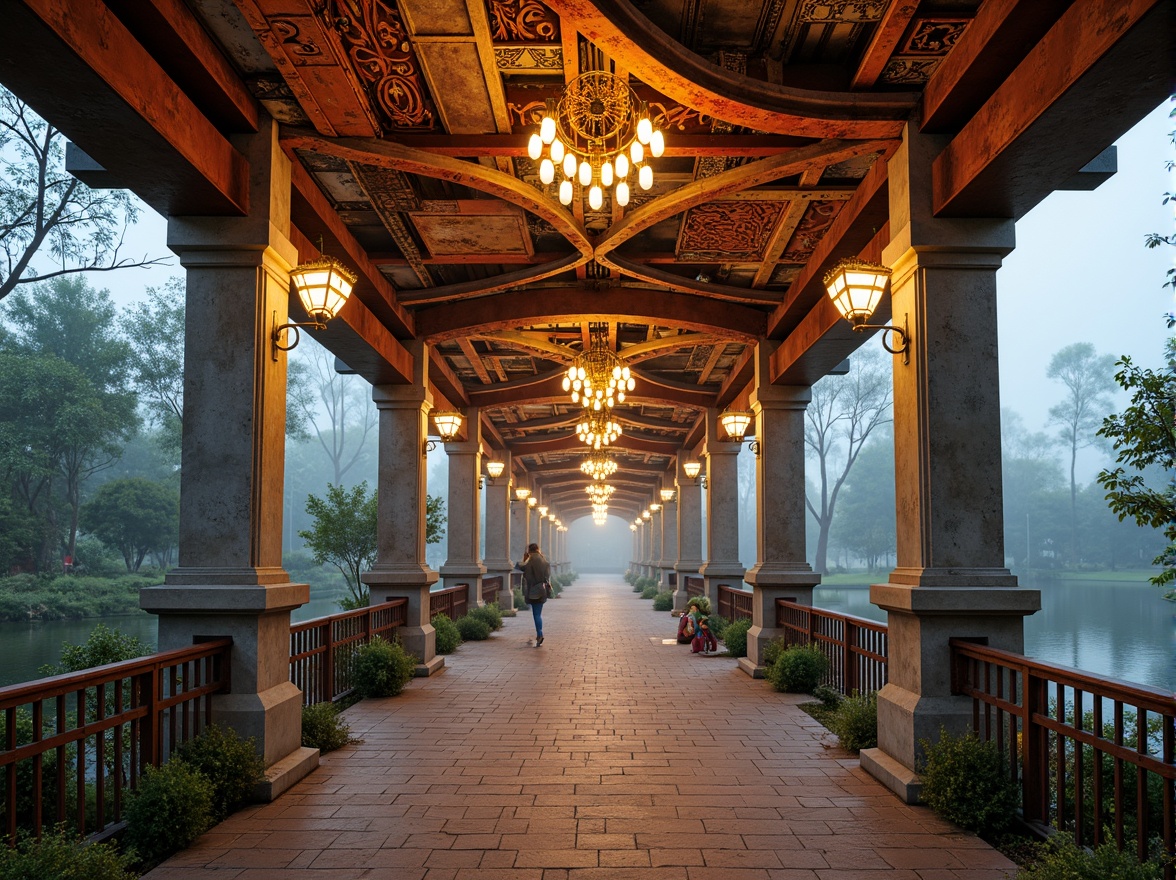 Prompt: Ornate pedestrian bridge, eclectic mix of materials, rusty metal beams, wooden planks, stone pillars, intricate ironwork, curved arches, ornamental lanterns, vibrant color scheme, bold geometric patterns, asymmetrical design, dynamic shapes, playful lighting fixtures, warm golden lighting, misty atmosphere, serene water reflections, lush greenery surroundings, natural stone walkways, 3/4 composition, shallow depth of field, realistic textures, ambient occlusion.