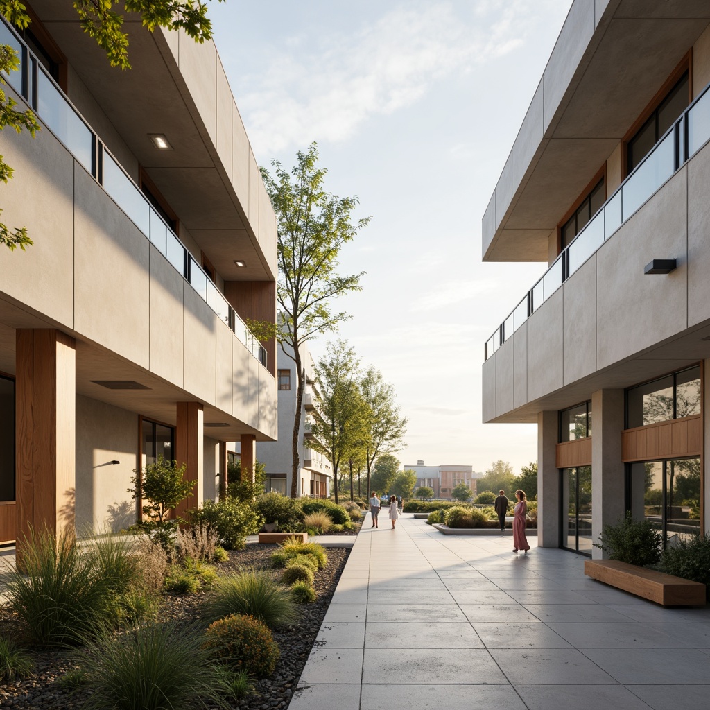 Prompt: Minimalist school building, clean lines, simple shapes, neutral color palette, natural light, clerestory windows, skylights, LED lighting, energy-efficient solutions, soft warm glow, indirect illumination, subtle shading, 1/1 composition, realistic textures, ambient occlusion, calm atmosphere, peaceful learning environment, wooden accents, industrial chic, exposed ductwork, polished concrete floors, green walls, living plants, natural ventilation systems.