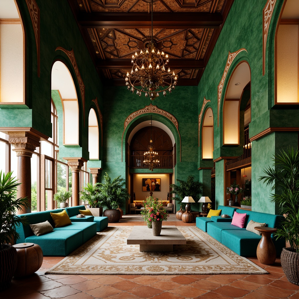 Prompt: Rich malachite green walls, ornate copper accents, earthy terracotta floors, natural stone textures, intricate geometric patterns, Moroccan-inspired arches, vibrant turquoise highlights, luxurious velvet fabrics, warm golden lighting, shallow depth of field, 1/1 composition, realistic reflections, ambient occlusion, modern eclectic architecture, boutique hotel lobby, upscale residential interior, exotic Middle Eastern influences.