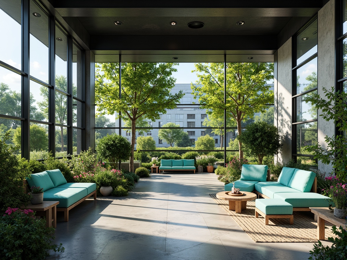 Prompt: Vibrant teal accents, refreshing atmosphere, invigorating spaces, modern minimalist decor, sleek metal frames, glass partitions, polished concrete floors, natural textiles, woven fibers, organic shapes, calming ambiance, soft warm lighting, shallow depth of field, 1/1 composition, realistic reflections, ambient occlusion, lush greenery, potted plants, blooming flowers, sunny day, outdoor connections, floor-to-ceiling windows, sliding glass doors.