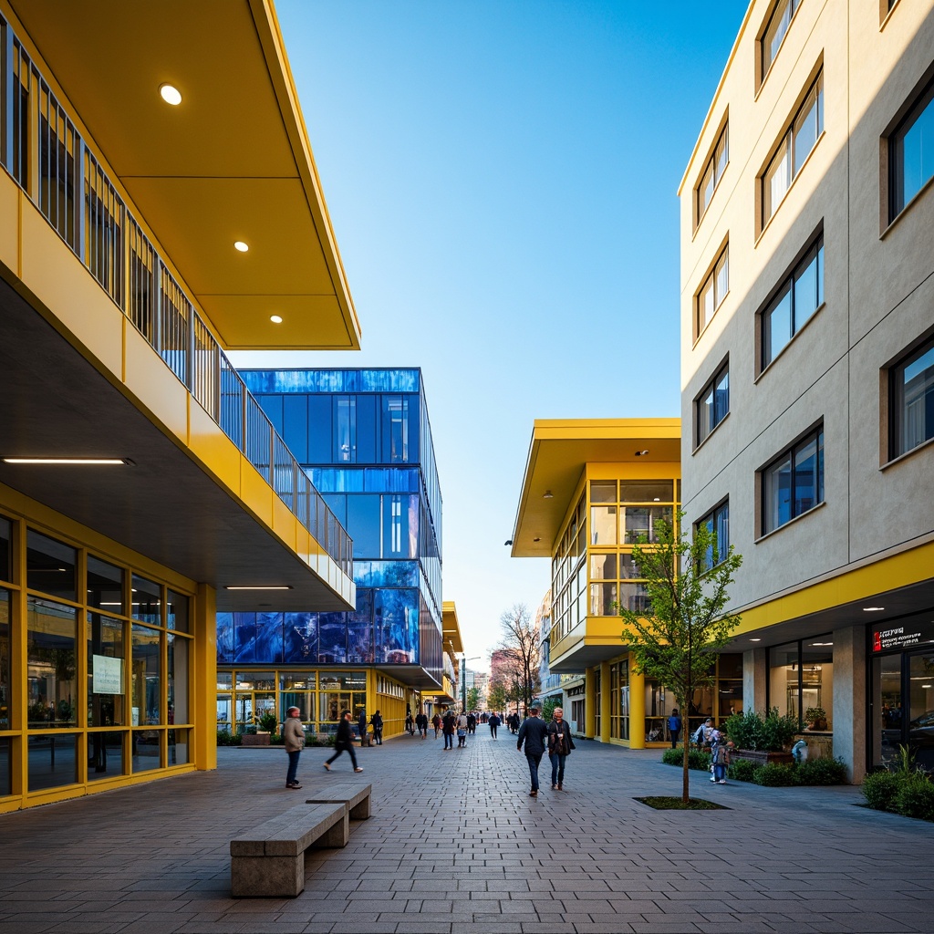 Prompt: Vibrant bus station, modern architecture, bold color scheme, bright yellow accents, deep blue tones, neutral beige walls, sleek metal frames, glass roofs, natural stone floors, urban cityscape, busy streets, morning sunlight, soft warm lighting, shallow depth of field, 3/4 composition, panoramic view, realistic textures, ambient occlusion.