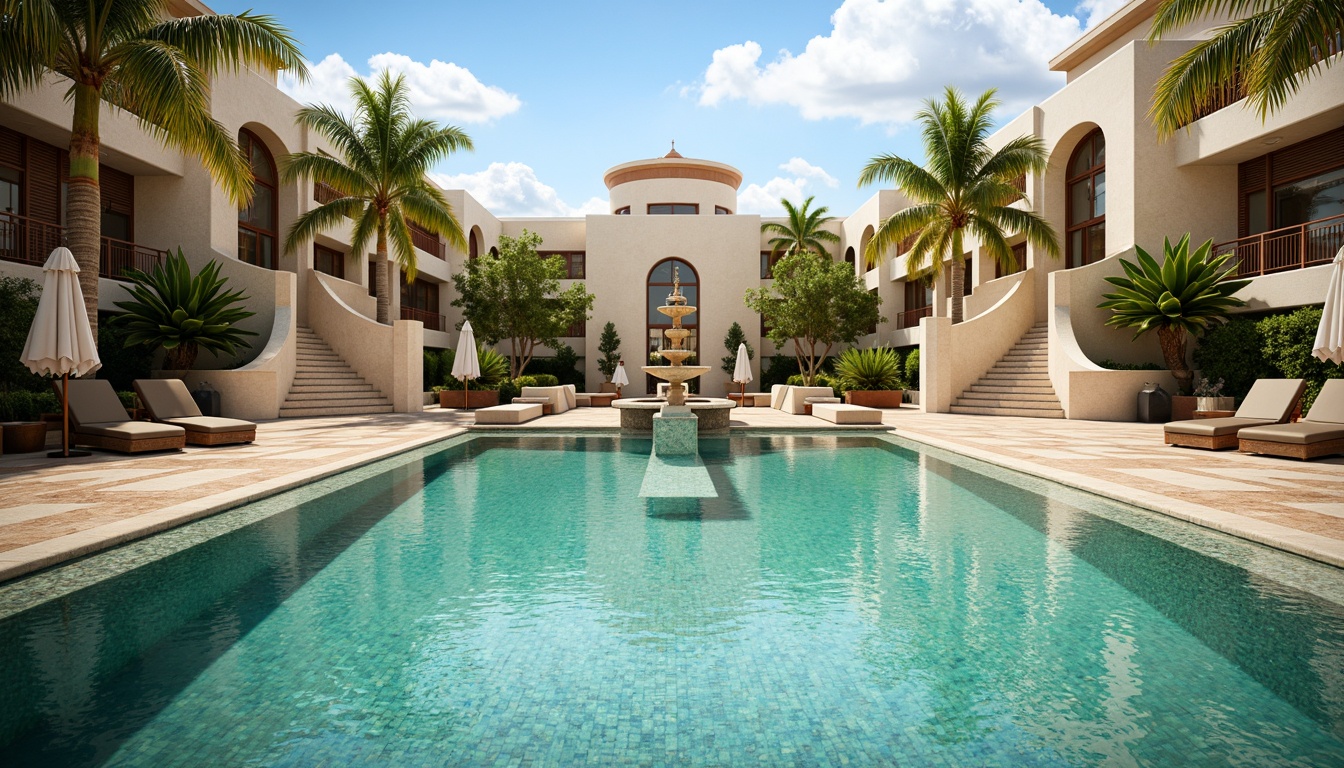 Prompt: Luxurious Art Deco swimming pool, turquoise water, ornate fountain, sculpted stone statues, mosaic tile flooring, geometric patterned coping, curved staircases, lavish cabanas, tropical palm trees, sunny day, warm golden lighting, shallow depth of field, 1/1 composition, symmetrical reflection, realistic water ripples, ambient occlusion.