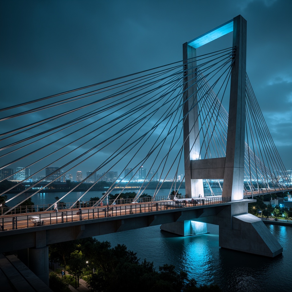 Prompt: Futuristic bridge architecture, sleek metal beams, suspension cables, angular piers, modern high-tech style, LED lighting systems, neon-lit nighttime scenes, urban cityscape, misty atmospheric effects, shallow depth of field, 3/4 composition, panoramic view, realistic metallic textures, ambient occlusion, reinforced concrete foundations, cantilevered sections, asymmetrical design, dynamic shapes, innovative materials, advanced engineering solutions, safety railings, pedestrian walkways, vehicle traffic lanes.