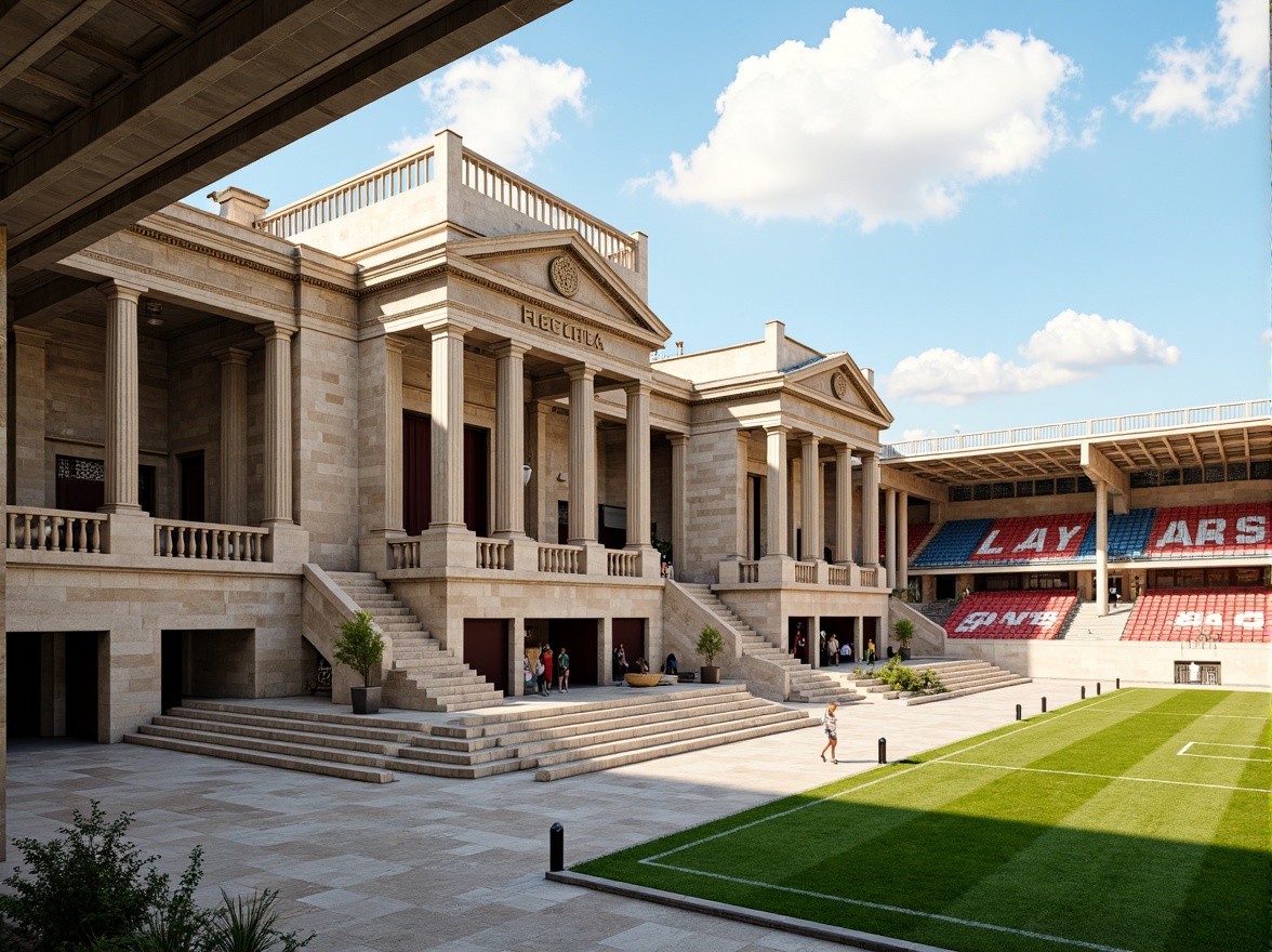 Prompt: Grandiose soccer stadium, neoclassical fa\u00e7ade, ornate columns, architraves, pediments, grand entrance, sweeping staircases, elegant balconies, rusticated stone walls, symmetrical composition, classical proportions, monumental scale, natural stone flooring, polished marble surfaces, intricate moldings, decorative friezes, athletic track, lush green grass, vibrant team colors, sunny day, soft warm lighting, shallow depth of field, 3/4 composition, panoramic view, realistic textures, ambient occlusion.