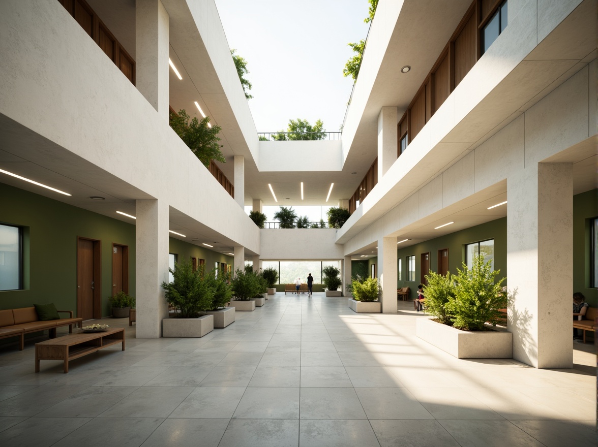 Prompt: Minimalist school building, clean lines, simple shapes, neutral color palette, natural light, clerestory windows, skylights, soft diffused lighting, LED strips, recessed lighting, subtle shadows, polished concrete floors, minimalist furniture, green walls, living plants, calm atmosphere, morning sunlight, gentle warm glow, shallow depth of field, 1/1 composition, realistic textures, ambient occlusion.