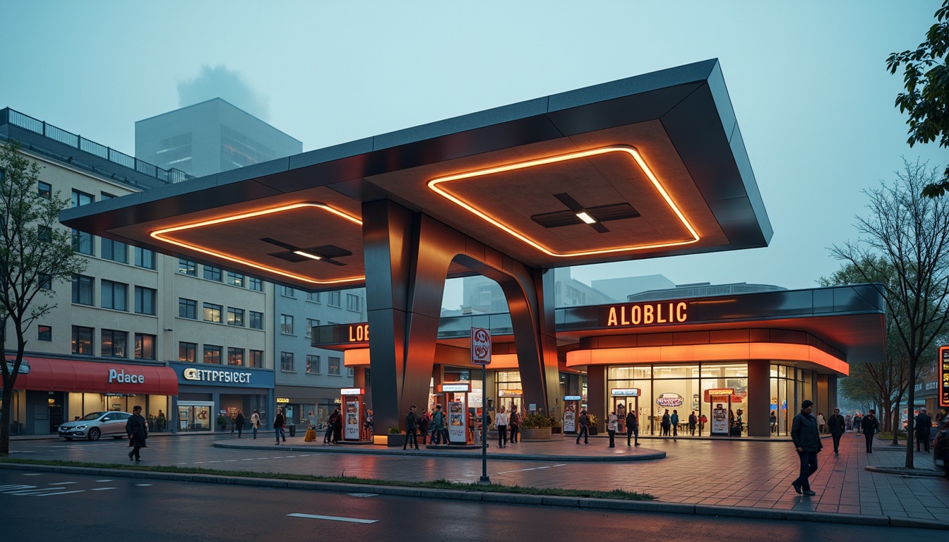 Prompt: Retro-futuristic gas station, structuralist architecture, bold geometric shapes, cantilevered canopies, angular lines, industrial materials, steel beams, concrete walls, neon signage, vibrant color schemes, futuristic lighting, urban cityscape, busy streets, morning fog, shallow depth of field, 1/1 composition, symmetrical framing, high-contrast textures, ambient occlusion.