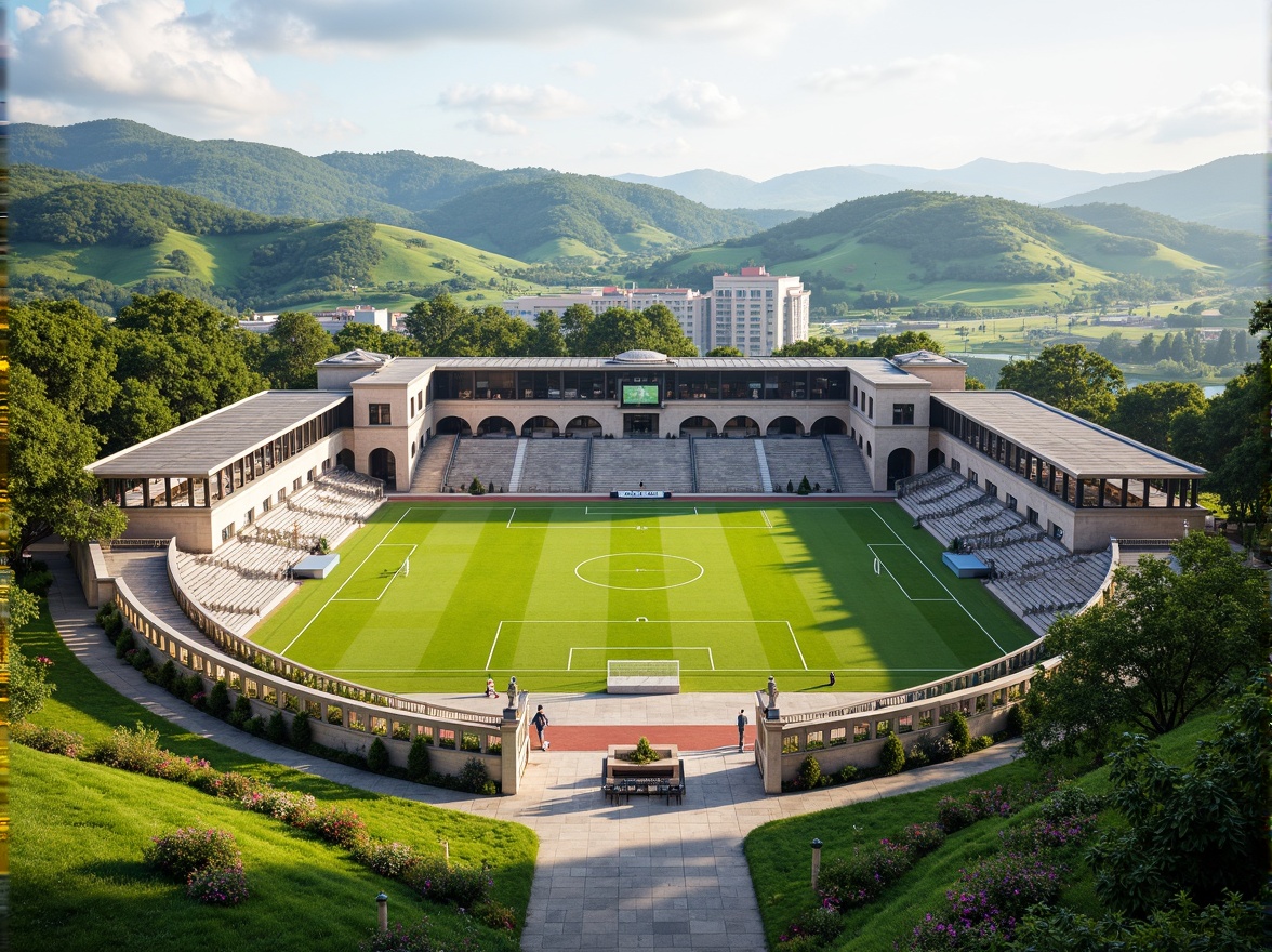 Prompt: Grand neoclassical soccer stadium, symmetrical fa\u00e7ade, ornate columns, arches, domed roof, lush greenery, vibrant flowers, rolling hills, natural stone walls, manicured lawns, walking paths, scenic overlooks, tranquil atmosphere, warm sunny day, soft diffused lighting, shallow depth of field, 3/4 composition, panoramic view, realistic textures, ambient occlusion, tiered seating, athletic track, soccer field, goalposts, scoreboard, stadium lights, grand entrance gates.