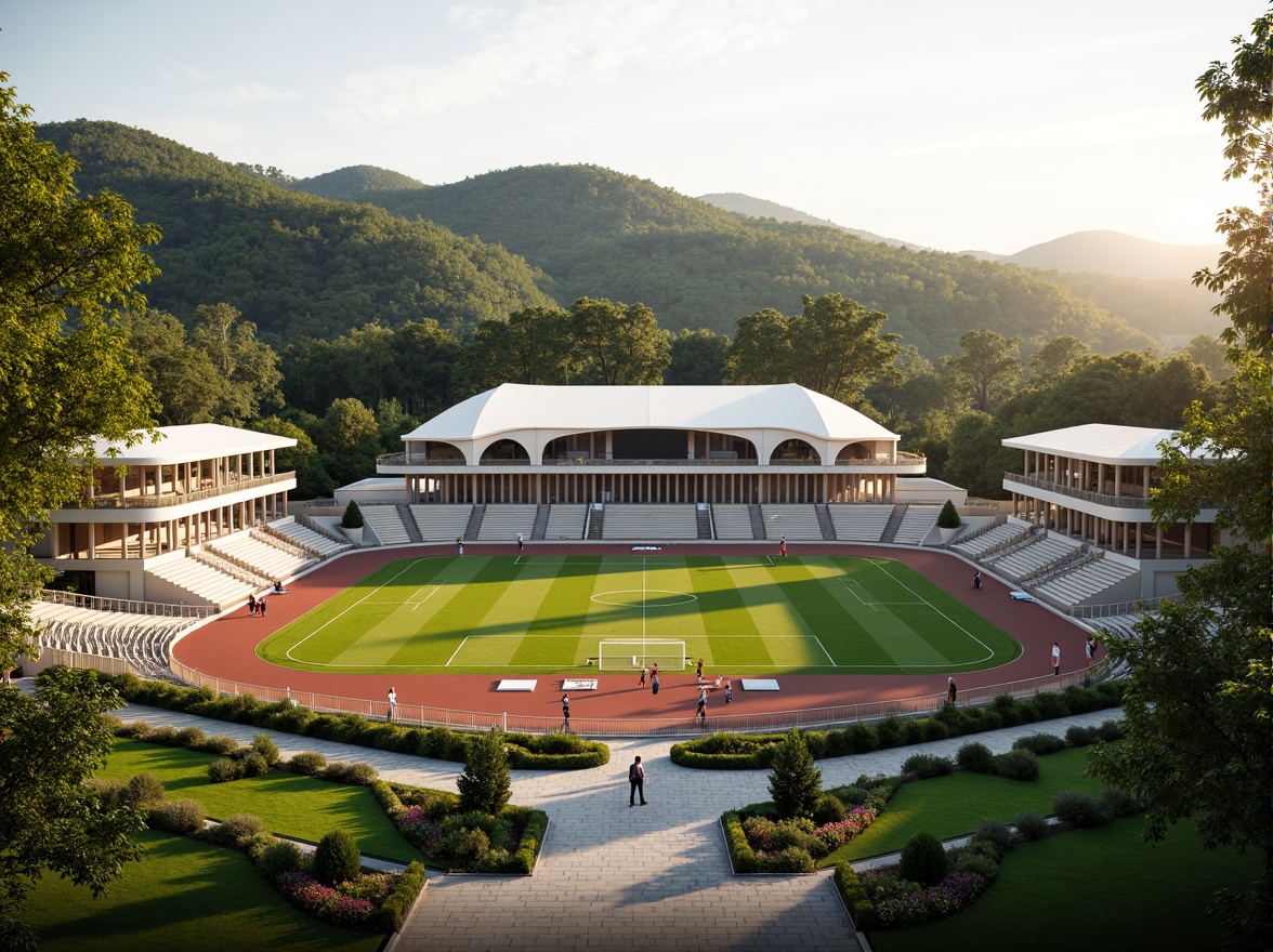 Prompt: Grand neoclassical soccer stadium, symmetrical fa\u00e7ade, ornate columns, arches, domed roof, lush greenery, vibrant flowers, rolling hills, natural stone walls, manicured lawns, walking paths, scenic overlooks, tranquil atmosphere, warm sunny day, soft diffused lighting, shallow depth of field, 3/4 composition, panoramic view, realistic textures, ambient occlusion, tiered seating, athletic track, soccer field, goalposts, scoreboard, stadium lights, grand entrance gates.