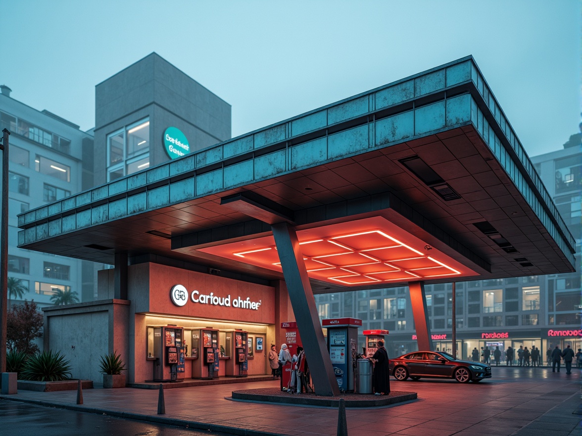 Prompt: Retro-futuristic gas station, structuralist architecture, bold geometric shapes, cantilevered canopies, angular lines, industrial materials, steel beams, concrete walls, neon signage, vibrant color schemes, futuristic lighting, urban cityscape, busy streets, morning fog, shallow depth of field, 1/1 composition, symmetrical framing, high-contrast textures, ambient occlusion.