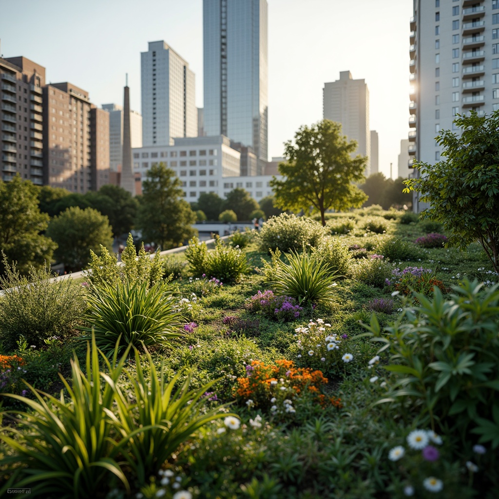 Prompt: Lush green roofs, urban oases, thriving vegetation, native plant species, blooming flowers, buzzing bees, butterflies, birds' habitats, eco-friendly architecture, sustainable building design, modern cityscapes, vibrant urban landscapes, natural insulation, reduced energy consumption, stormwater management systems, improved air quality, increased biodiversity, habitat restoration, serene urban ambiance, soft warm lighting, shallow depth of field, 3/4 composition, panoramic view, realistic textures, ambient occlusion.