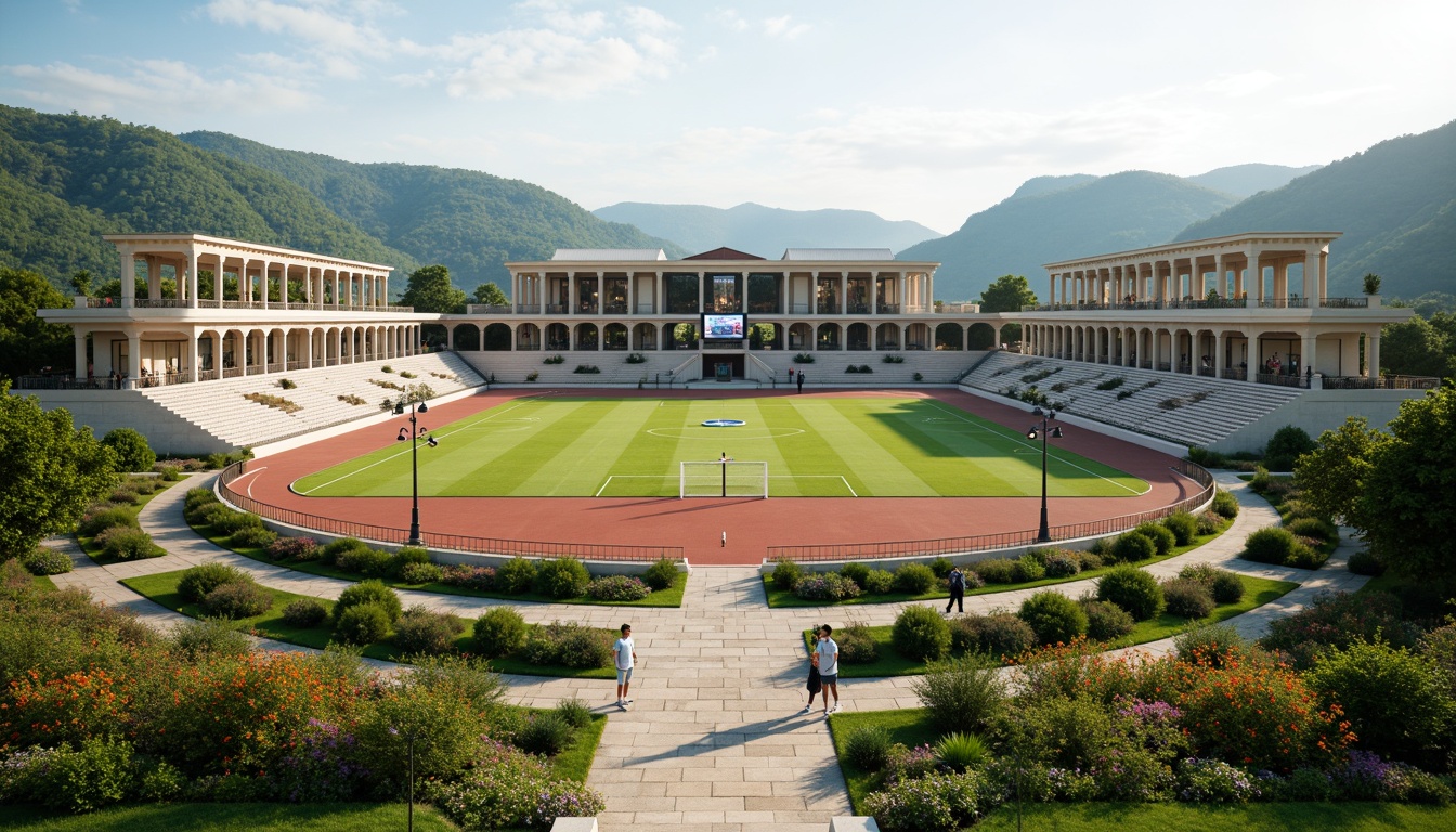 Prompt: Grand neoclassical soccer stadium, symmetrical fa\u00e7ade, ornate columns, arches, domed roof, lush greenery, vibrant flowers, rolling hills, natural stone walls, manicured lawns, walking paths, scenic overlooks, tranquil atmosphere, warm sunny day, soft diffused lighting, shallow depth of field, 3/4 composition, panoramic view, realistic textures, ambient occlusion, tiered seating, athletic track, soccer field, goalposts, scoreboard, stadium lights, grand entrance gates.