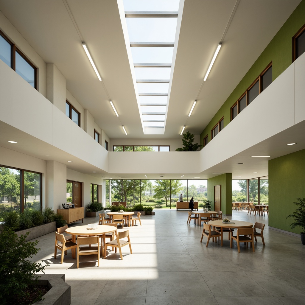 Prompt: Minimalist school building, clean lines, simple shapes, neutral color palette, natural light, clerestory windows, skylights, soft diffused lighting, LED strips, recessed lighting, subtle shadows, polished concrete floors, minimalist furniture, green walls, living plants, calm atmosphere, morning sunlight, gentle warm glow, shallow depth of field, 1/1 composition, realistic textures, ambient occlusion.