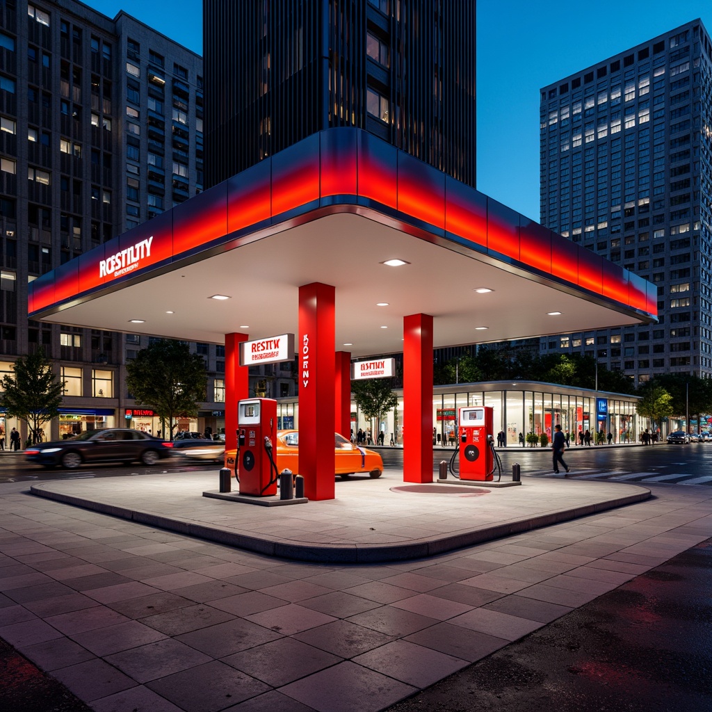 Prompt: Retro-futuristic gas station, bold primary colors, bright red pumps, sleek chrome accents, geometric shapes, angular lines, minimalist signage, neon lights, urban cityscape, busy streets, concrete roads, modernist architecture, brutalist design, industrial materials, metallic textures, high-contrast lighting, dramatic shadows, 1/1 composition, symmetrical framing, vibrant color grading, stylized reflections.