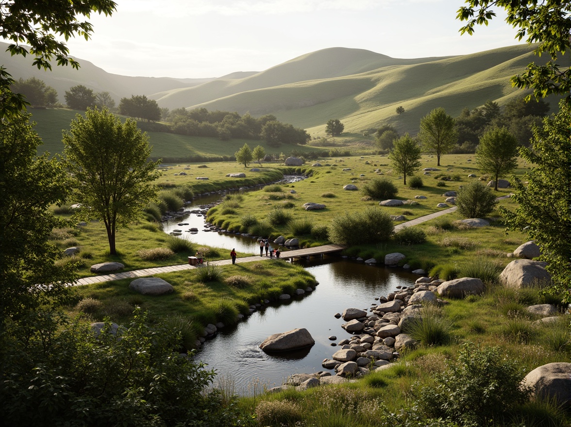 Prompt: Serene natural scenery, rolling hills, lush greenery, meandering water features, walking trails, wooden bridges, rustic benches, native plant species, organic shapes, earthy tones, blended boundaries, seamless transitions, soft warm lighting, atmospheric perspective, 1/2 composition, intimate scale, realistic textures, ambient occlusion.