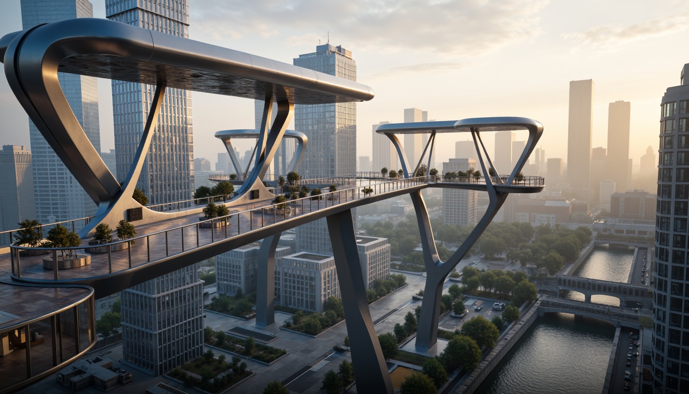 Prompt: Sleek bridge facades, high-tech architecture, metallic materials, LED lighting systems, futuristic curves, angular lines, reflective glass surfaces, cantilevered structures, urban cityscape, misty morning atmosphere, soft warm lighting, shallow depth of field, 1/1 composition, panoramic view, realistic textures, ambient occlusion.