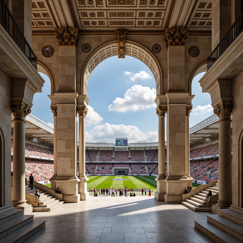 Prompt: Grandiose soccer stadium, neoclassical fa\u00e7ade, ornate columns, architraves, pediments, grand entrance, sweeping staircases, elegant balconies, rusticated stone walls, symmetrical composition, classical proportions, monumental scale, natural stone flooring, polished marble surfaces, intricate moldings, decorative friezes, athletic track, lush green grass, vibrant team colors, sunny day, soft warm lighting, shallow depth of field, 3/4 composition, panoramic view, realistic textures, ambient occlusion.