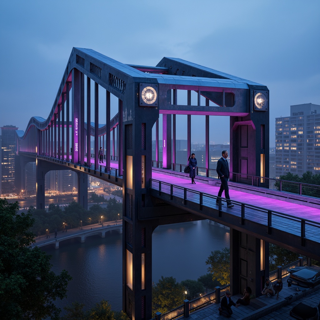 Prompt: Futuristic bridge architecture, sleek metal structures, neon-lit accents, vibrant LED lights, dark blues and purples, metallic silvers and chromes, high-gloss finishes, geometric patterns, angular lines, minimalist design, modern urban landscape, cityscape at dusk, misty atmosphere, soft warm lighting, shallow depth of field, 3/4 composition, panoramic view, realistic textures, ambient occlusion.