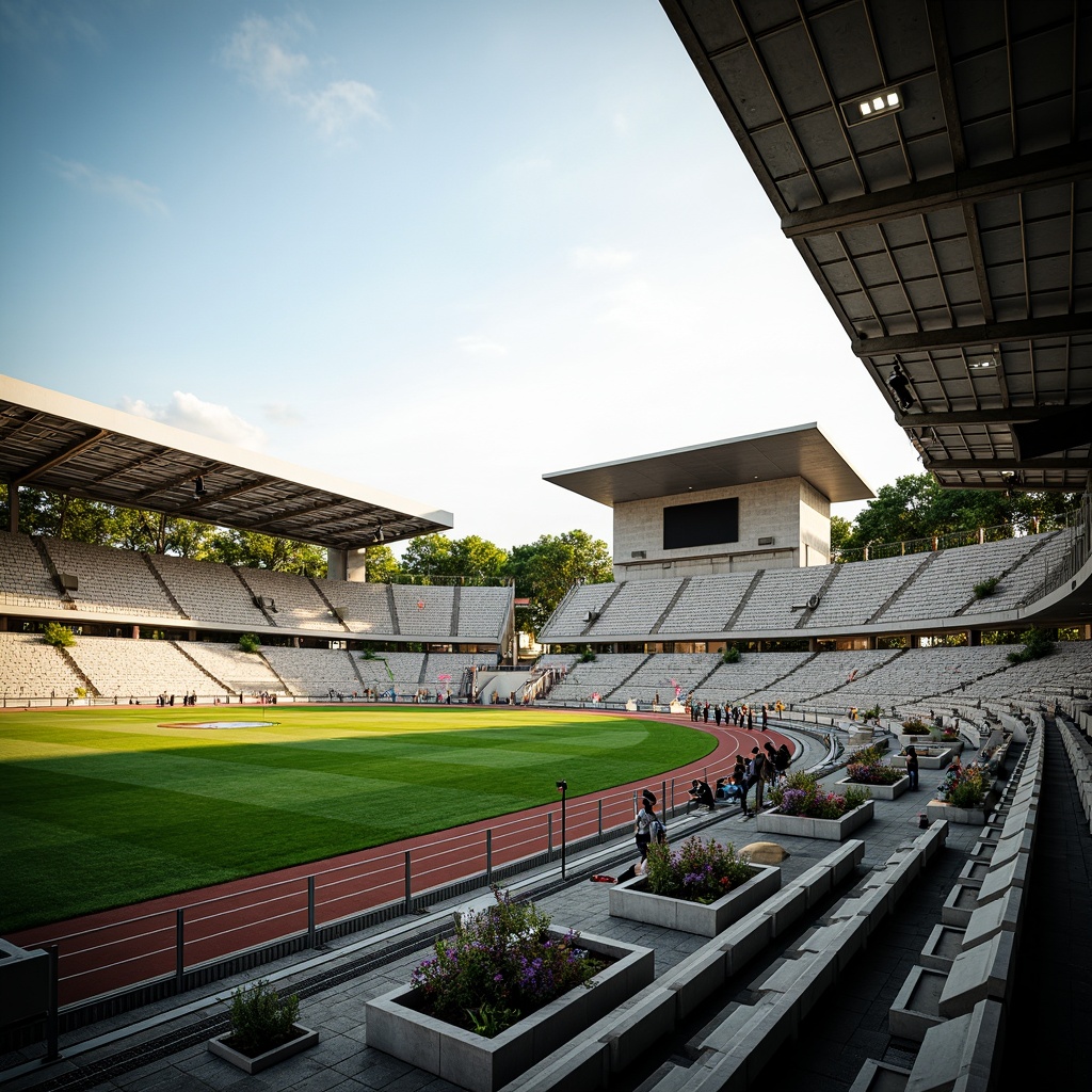 Prompt: Stadium grandstand, athletic track, lush green grass, sports equipment, ventilation systems, metal grilles, air intake vents, exhaust fans, natural light, clerestory windows, cantilevered roofs, modern architecture, sleek lines, minimalist design, functional layout, high ceilings, open spaces, airy atmosphere, soft warm lighting, shallow depth of field, 3/4 composition, panoramic view, realistic textures, ambient occlusion.