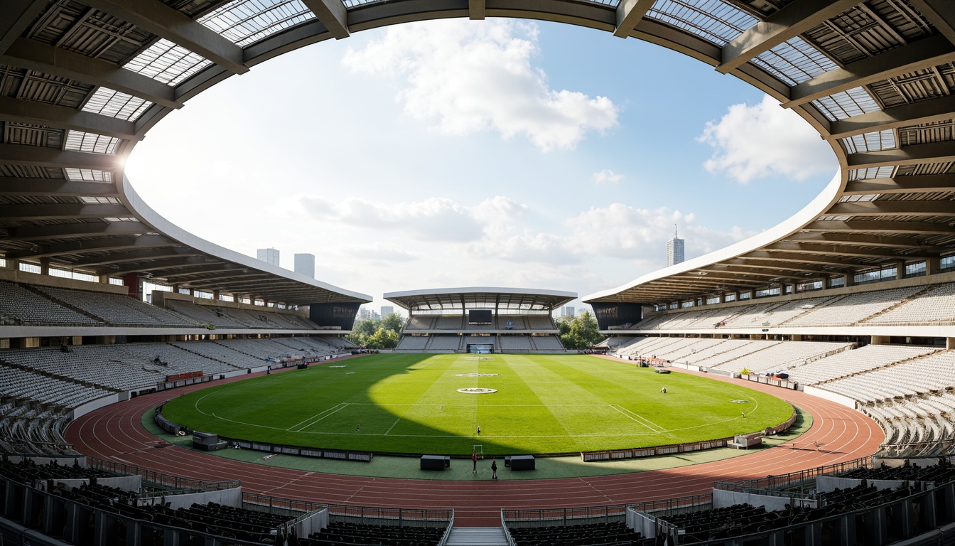 Prompt: Stadium grandstand, athletic track, lush green grass, sports equipment, ventilation systems, metal grilles, air intake vents, exhaust fans, natural light, clerestory windows, cantilevered roofs, modern architecture, sleek lines, minimalist design, functional layout, high ceilings, open spaces, airy atmosphere, soft warm lighting, shallow depth of field, 3/4 composition, panoramic view, realistic textures, ambient occlusion.