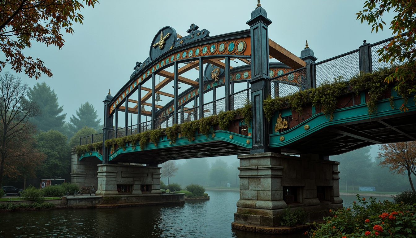 Prompt: Vibrant eclectic bridge, bold steel arches, rustic wooden accents, distressed metal textures, ornate Victorian details, whimsical Art Nouveau patterns, rich jewel-toned colors, emerald green, sapphire blue, amethyst purple, warm golden lighting, dramatic shadows, misty atmospheric effects, soft focus, 1/2 composition, cinematic framing, intricate stonework, ornamental railings, lush ivy-covered abutments, serene riverbank setting, overcast sky, subtle foggy atmosphere.