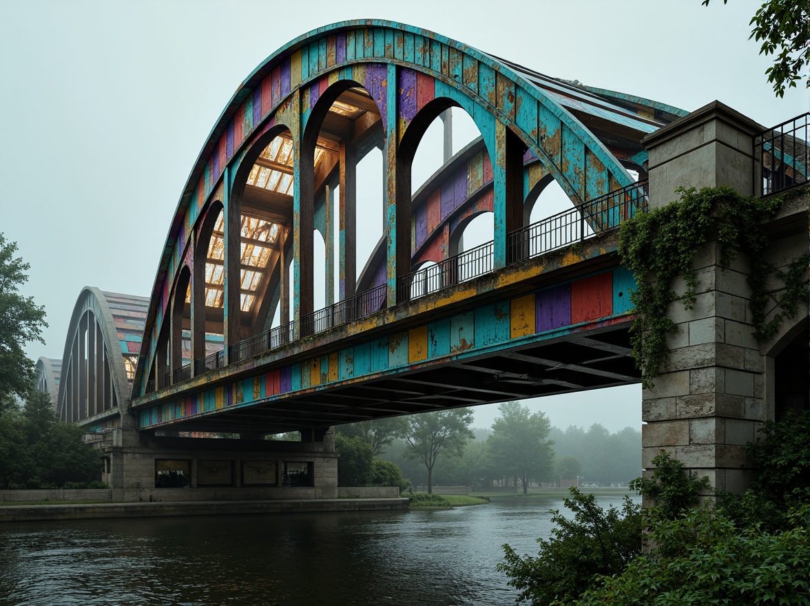 Prompt: Vibrant eclectic bridge, bold steel arches, rustic wooden accents, distressed metal textures, ornate Victorian details, whimsical Art Nouveau patterns, rich jewel-toned colors, emerald green, sapphire blue, amethyst purple, warm golden lighting, dramatic shadows, misty atmospheric effects, soft focus, 1/2 composition, cinematic framing, intricate stonework, ornamental railings, lush ivy-covered abutments, serene riverbank setting, overcast sky, subtle foggy atmosphere.