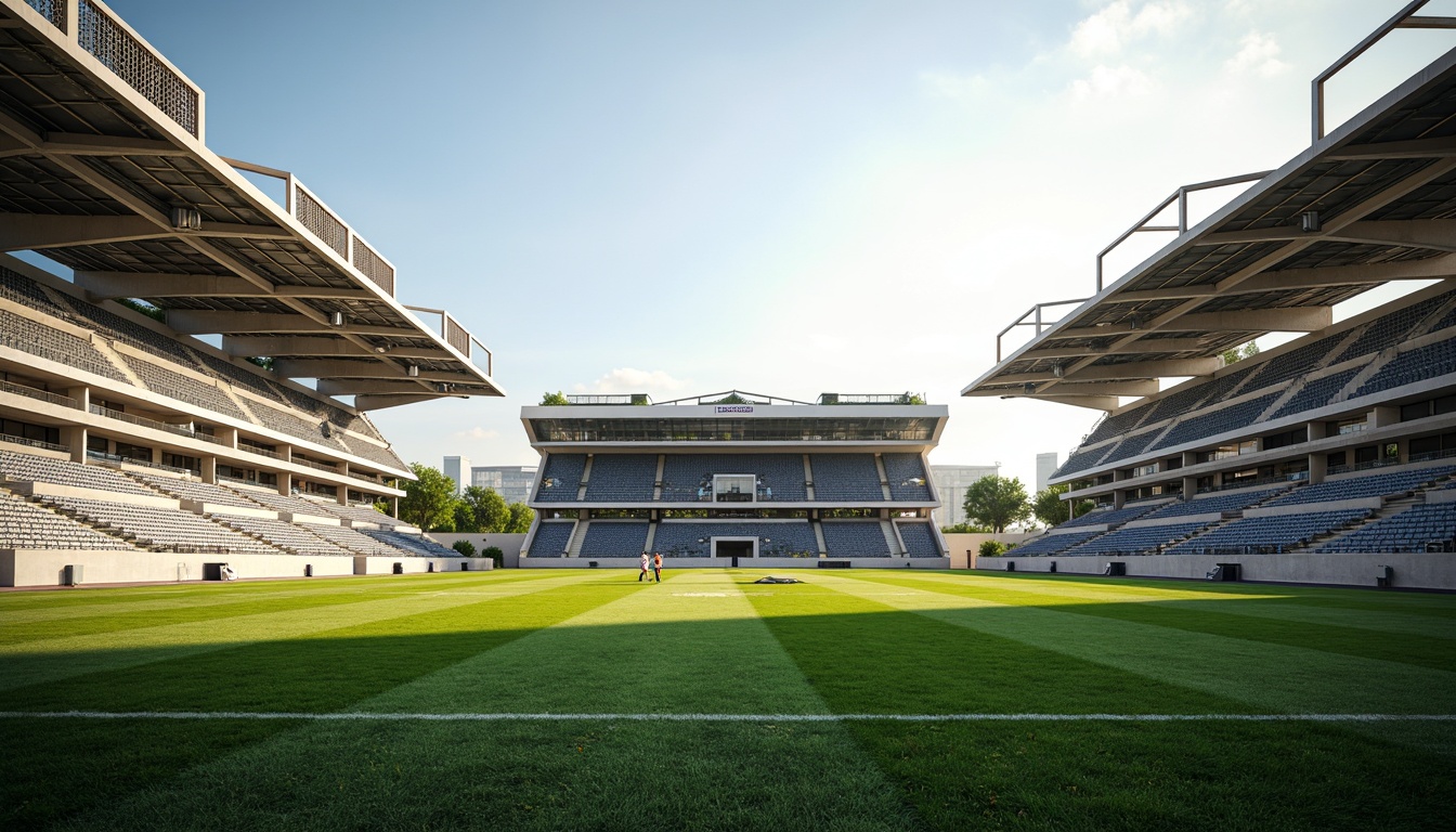 Prompt: Stadium grandstand, athletic track, lush green grass, sports equipment, ventilation systems, metal grilles, air intake vents, exhaust fans, natural light, clerestory windows, cantilevered roofs, modern architecture, sleek lines, minimalist design, functional layout, high ceilings, open spaces, airy atmosphere, soft warm lighting, shallow depth of field, 3/4 composition, panoramic view, realistic textures, ambient occlusion.