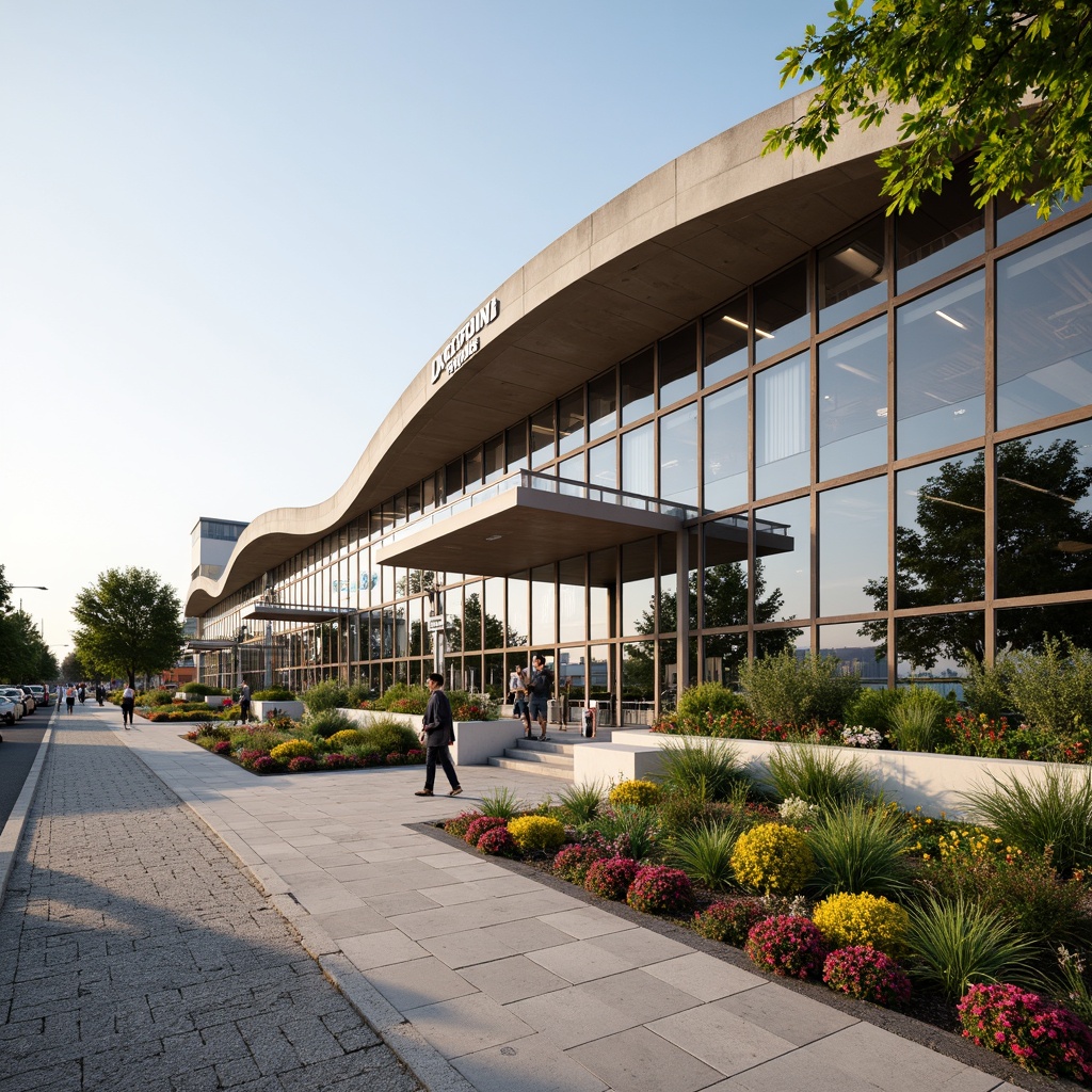 Prompt: Lakefront bus station, modern curved lines, glass fa\u00e7ade, reflective surfaces, nautical-themed design elements, wave-inspired rooflines, waterfront promenade, pedestrian walkways, lush greenery, vibrant flowers, natural stone walls, wooden accents, warm lighting, shallow depth of field, 3/4 composition, panoramic view, realistic textures, ambient occlusion.